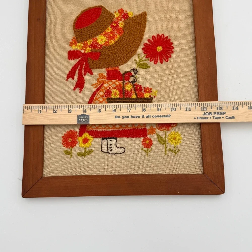 Vintage Crewel Embroidery Wall Art Framed Girl with Flower Basket Marilyn Reed